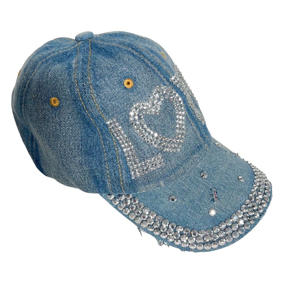 “LOVE” Denim Baseball Cap With Rhinestone Embellishments Adjustable Strap - Picture 2 of 7